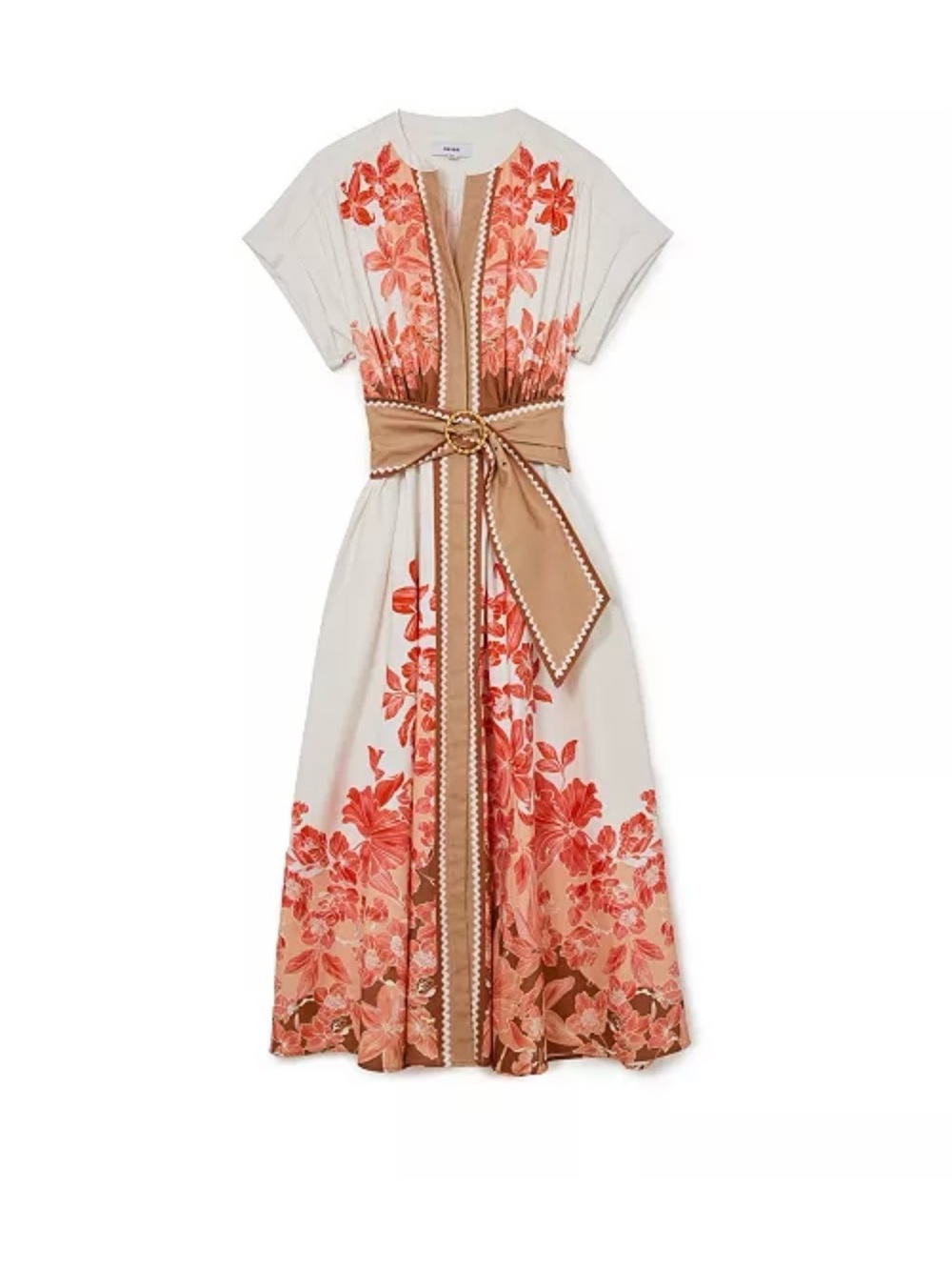 Reiss Sawyer Dress. Coral Floral Belted Midi Dress with Tan Belt - Picture 5 of 8
